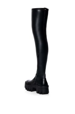 AZALEA WANG FAVORED PU THIGH HIGH BOOT WITH 4 WAY STRETCH IN BLACK -Azalea Wang store azalea wang favored stretch pu thigh high boot in black black 4 4