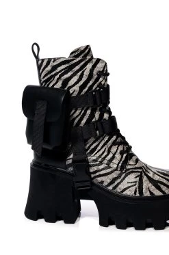 AZALEA WANG FOLLOW CHUNKY COMBAT BOOTIE IN ZEBRA -Azalea Wang store azalea wang follow chunky combat bootie in zebra zebra 5 5