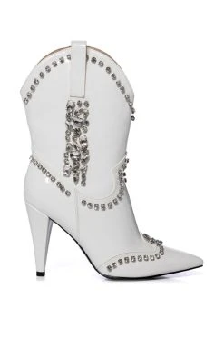 AZALEA WANG FREIDA EMBELLISHED BOOTIE IN WHITE -Azalea Wang store azalea wang freida embellished western stiletto bootie in white white 2 2
