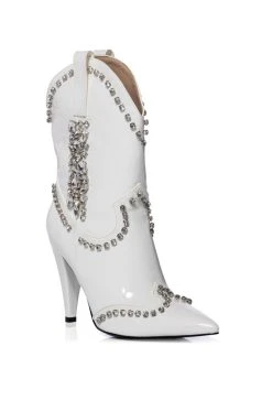 AZALEA WANG FREIDA EMBELLISHED BOOTIE IN WHITE -Azalea Wang store azalea wang freida embellished western stiletto bootie in white white 3 3