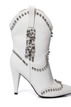 AZALEA WANG FREIDA EMBELLISHED BOOTIE IN WHITE -Azalea Wang store azalea wang freida embellished western stiletto bootie in white white 5 5