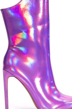 AZALEA WANG HALO HOLOGRAPHIC STILETTO BOOTIE IN PURPLE -Azalea Wang store azalea wang halo holographic stiletto bootie in purple purple 5 5