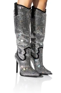 AZALEA WANG HEIDEMARIE WESTERN RHINESTONE STILETTO BOOT IN SILVER