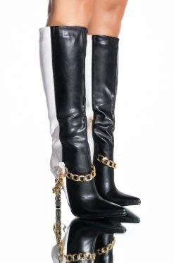 AZALEA WANG HYPE ME UP KNEE HIGH CHAIN BOOT IN BLACK WHITE