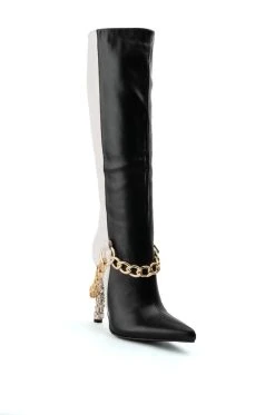 AZALEA WANG HYPE ME UP KNEE HIGH CHAIN BOOT IN BLACK WHITE -Azalea Wang store azalea wang hype me up knee high chain boot in black white black white 3 3
