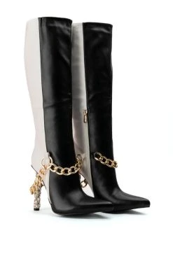 AZALEA WANG HYPE ME UP KNEE HIGH CHAIN BOOT IN BLACK WHITE -Azalea Wang store azalea wang hype me up knee high chain boot in black white black white 5 5