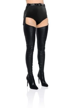 AZALEA WANG IM MOVIN ON BELTED THIGH HIGH STILETTO CHAP BOOT WITH 4 WAY STRETCH -Azalea Wang store azalea wang im movin on belted thigh high stiletto chap boot with 4 way stretch black pu 1 1 c1