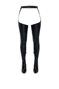 AZALEA WANG IM MOVIN ON BELTED THIGH HIGH STILETTO CHAP BOOT WITH 4 WAY STRETCH -Azalea Wang store azalea wang im movin on belted thigh high stiletto chap boot with 4 way stretch black pu 3 3