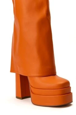 AZALEA WANG INVISIBLE KNEE HIGH FOLD OVER CHUNKY BOOT IN ORANGE -Azalea Wang store azalea wang invisible knee high fold over chunky boot in orange orange 5 5 c1