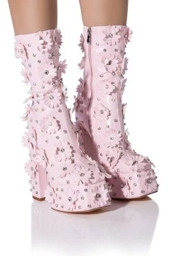 AZALEA WANG ISNT SHE LOVELY FLORAL RHINESTONE CHUNKY HEEL BOOTIE IN PINK