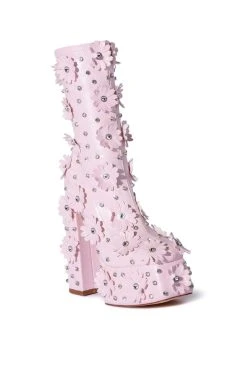 AZALEA WANG ISNT SHE LOVELY FLORAL RHINESTONE CHUNKY HEEL BOOTIE IN PINK -Azalea Wang store azalea wang isnt she lovely floral rhinestone chunky heel bootie in pink pink 3 3