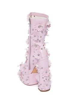 AZALEA WANG ISNT SHE LOVELY FLORAL RHINESTONE CHUNKY HEEL BOOTIE IN PINK -Azalea Wang store azalea wang isnt she lovely floral rhinestone chunky heel bootie in pink pink 4 4