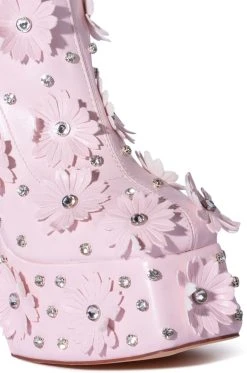 AZALEA WANG ISNT SHE LOVELY FLORAL RHINESTONE CHUNKY HEEL BOOTIE IN PINK -Azalea Wang store azalea wang isnt she lovely floral rhinestone chunky heel bootie in pink pink 5 5
