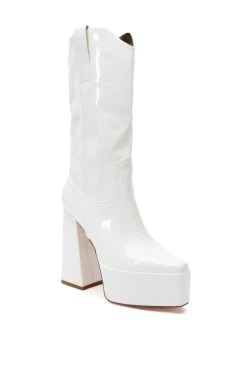 AZALEA WANG KACEY CHUNKY PATENT WESTERN BOOT IN WHITE -Azalea Wang store azalea wang kacey chunky patent western boot in white white 3 3 c1