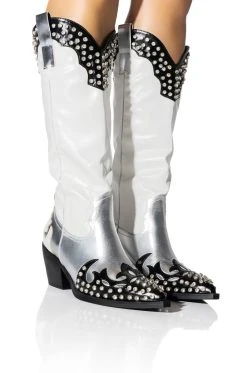 AZALEA WANG KNOX RHINESTONE EMBELLISHED WESTERN BOOT IN WHITE BLACK
