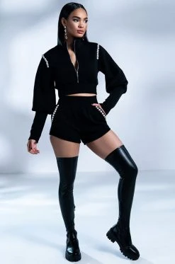 AZALEA WANG LATE NIGHTS FLATFORM BOOT WITH 4 WAY STRETCH IN BLACK -Azalea Wang store azalea wang late nights flatform boot in black black 7 7