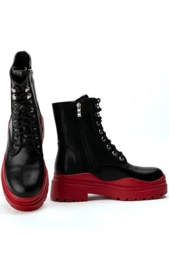 AZALEA WANG LUST LACE UP FLATFORM BOOTIE IN RED -Azalea Wang store azalea wang lust lace up flatform bootie in red red 5 5