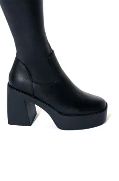 AZALEA WANG MADE FOR WALKING STRETCHY CHUNKY BOOT WITH 4 WAY STRETCH IN BLACK -Azalea Wang store azalea wang made for walking stretchy chunky boot in black black 5 5