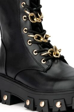 AZALEA WANG MAKE YOUR MARK CHAIN LACE UP FLATFORM BOOTIE IN BLACK -Azalea Wang store azalea wang make your mark chain lace up flatform bootie in black black 5 5