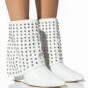 AZALEA WANG MARINA RHINESTONE STUDDED FOLD OVER WEDGE BOOTIE IN WHITE -Azalea Wang store azalea wang marina rhinestone studded fold over wedge bootie in white white 1 1