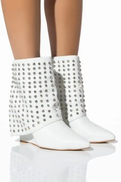 AZALEA WANG MARINA RHINESTONE STUDDED FOLD OVER WEDGE BOOTIE IN WHITE