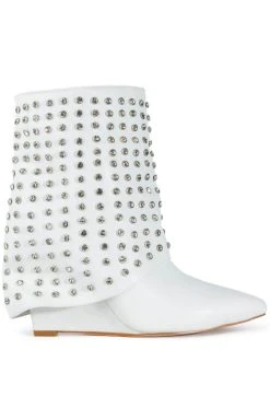AZALEA WANG MARINA RHINESTONE STUDDED FOLD OVER WEDGE BOOTIE IN WHITE -Azalea Wang store azalea wang marina rhinestone studded fold over wedge bootie in white white 2 2