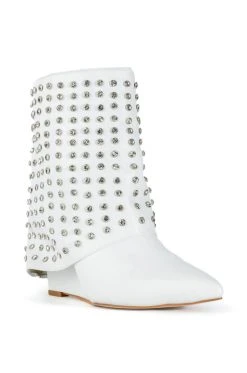 AZALEA WANG MARINA RHINESTONE STUDDED FOLD OVER WEDGE BOOTIE IN WHITE -Azalea Wang store azalea wang marina rhinestone studded fold over wedge bootie in white white 3 3