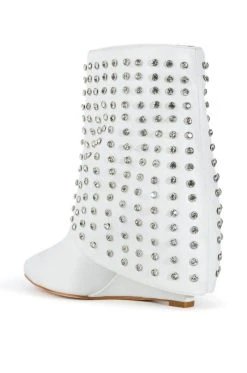AZALEA WANG MARINA RHINESTONE STUDDED FOLD OVER WEDGE BOOTIE IN WHITE -Azalea Wang store azalea wang marina rhinestone studded fold over wedge bootie in white white 4 4