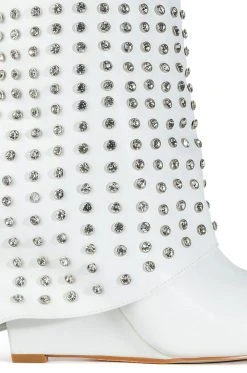 AZALEA WANG MARINA RHINESTONE STUDDED FOLD OVER WEDGE BOOTIE IN WHITE -Azalea Wang store azalea wang marina rhinestone studded fold over wedge bootie in white white 5 5