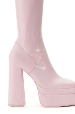 AZALEA WANG MAXINE CHUNKY PLATFORM BOOT WITH 4 WAY STRETCH IN PINK -Azalea Wang store azalea wang maxine chunky platform boot with 4 way stretch in pink pink 5 5