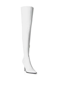 AZALEA WANG MILEY THIGH HIGH STILETTO BOOT WITH 4 WAY STRETCH IN WHITE -Azalea Wang store azalea wang miley thigh high stiletto boot with 4 way stretch in white white 3 3 c1