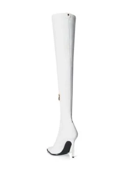 AZALEA WANG MILEY THIGH HIGH STILETTO BOOT WITH 4 WAY STRETCH IN WHITE -Azalea Wang store azalea wang miley thigh high stiletto boot with 4 way stretch in white white 4 4 c1