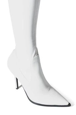 AZALEA WANG MILEY THIGH HIGH STILETTO BOOT WITH 4 WAY STRETCH IN WHITE -Azalea Wang store azalea wang miley thigh high stiletto boot with 4 way stretch in white white 5 5 c1