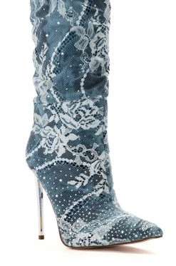 AZALEA WANG OPAL DENIM AND DIAMOND STILETTO BOOT -Azalea Wang store azalea wang opal denim and diamond stiletto boot denim 5 5