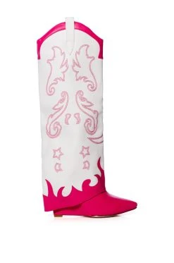 AZALEA WANG OUTLAND WESTERN WEDGE BOOT IN FUCHSIA WHITE