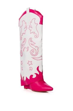AZALEA WANG OUTLAND WESTERN WEDGE BOOT IN FUCHSIA WHITE -Azalea Wang store azalea wang outland western wedge boot in fuchsia white fuchsia 3 3