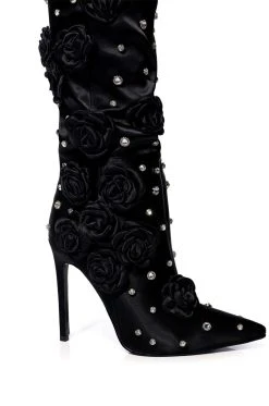 AZALEA WANG PATTI EMBELLISHED SATIN BOOT IN BLACK -Azalea Wang store azalea wang patti embellished satin boot in black black 5 5