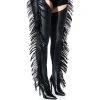 AZALEA WANG RIDE AT DAWN BELTED THIGH HIGH STILETTO FRINGE CHAP BOOT WITH 4 WAY STRETCH -Azalea Wang store azalea wang ride at dawn belted thigh high stiletto fringe chap boot black 1 1