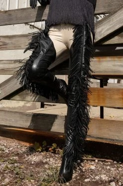 AZALEA WANG RIDE AT DAWN BELTED THIGH HIGH STILETTO FRINGE CHAP BOOT WITH 4 WAY STRETCH -Azalea Wang store azalea wang ride at dawn belted thigh high stiletto fringe chap boot black 1 1 c1