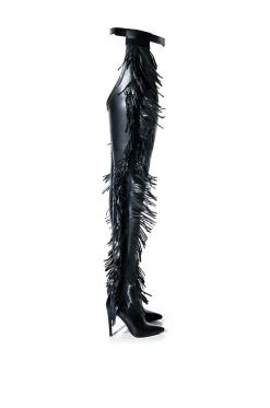 AZALEA WANG RIDE AT DAWN BELTED THIGH HIGH STILETTO FRINGE CHAP BOOT WITH 4 WAY STRETCH -Azalea Wang store azalea wang ride at dawn belted thigh high stiletto fringe chap boot black 2 2
