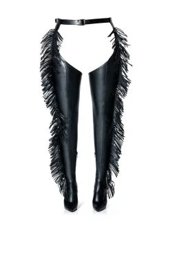 AZALEA WANG RIDE AT DAWN BELTED THIGH HIGH STILETTO FRINGE CHAP BOOT WITH 4 WAY STRETCH -Azalea Wang store azalea wang ride at dawn belted thigh high stiletto fringe chap boot black 3 3