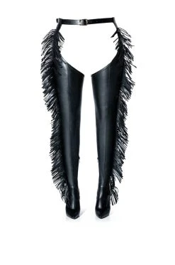 AZALEA WANG RIDE AT DAWN BELTED THIGH HIGH STILETTO FRINGE CHAP BOOT WITH 4 WAY STRETCH -Azalea Wang store azalea wang ride at dawn belted thigh high stiletto fringe chap boot black 3 3 c1