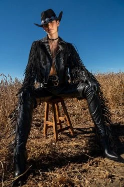 AZALEA WANG RIDE AT DAWN BELTED THIGH HIGH STILETTO FRINGE CHAP BOOT WITH 4 WAY STRETCH -Azalea Wang store azalea wang ride at dawn belted thigh high stiletto fringe chap boot black 3 3 c1 c1