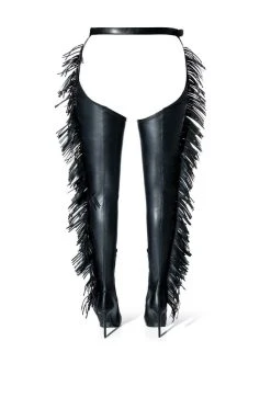AZALEA WANG RIDE AT DAWN BELTED THIGH HIGH STILETTO FRINGE CHAP BOOT WITH 4 WAY STRETCH -Azalea Wang store azalea wang ride at dawn belted thigh high stiletto fringe chap boot black 4 4