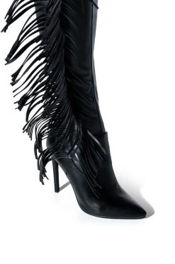 AZALEA WANG RIDE AT DAWN BELTED THIGH HIGH STILETTO FRINGE CHAP BOOT WITH 4 WAY STRETCH -Azalea Wang store azalea wang ride at dawn belted thigh high stiletto fringe chap boot black 5 5