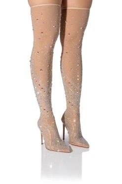 AZALEA WANG ROXY RHINESTONE THIGH HIGH STILETTO BOOT IN NUDE