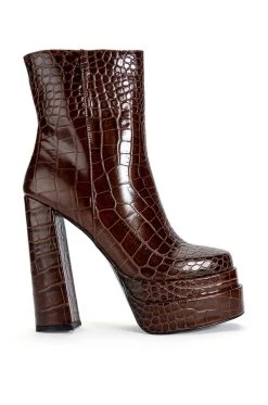 AZALEA WANG RUN AWAY CHUNKY BOOTIE IN BROWN CROC -Azalea Wang store azalea wang run away chunky bootie in brown croc brown 2 2
