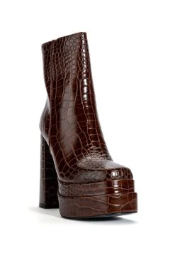 AZALEA WANG RUN AWAY CHUNKY BOOTIE IN BROWN CROC -Azalea Wang store azalea wang run away chunky bootie in brown croc brown 4 4