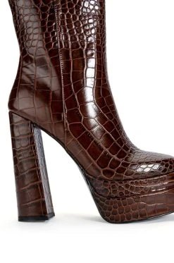 AZALEA WANG RUN AWAY CHUNKY BOOTIE IN BROWN CROC -Azalea Wang store azalea wang run away chunky bootie in brown croc brown 5 5