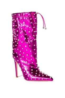 AZALEA WANG RUN THIS TOWN EMBELLISHED METALLIC BOOTIE IN FUCHSIA -Azalea Wang store azalea wang run this town embellished metallic bootie in fuchsia fuchsia 5 5